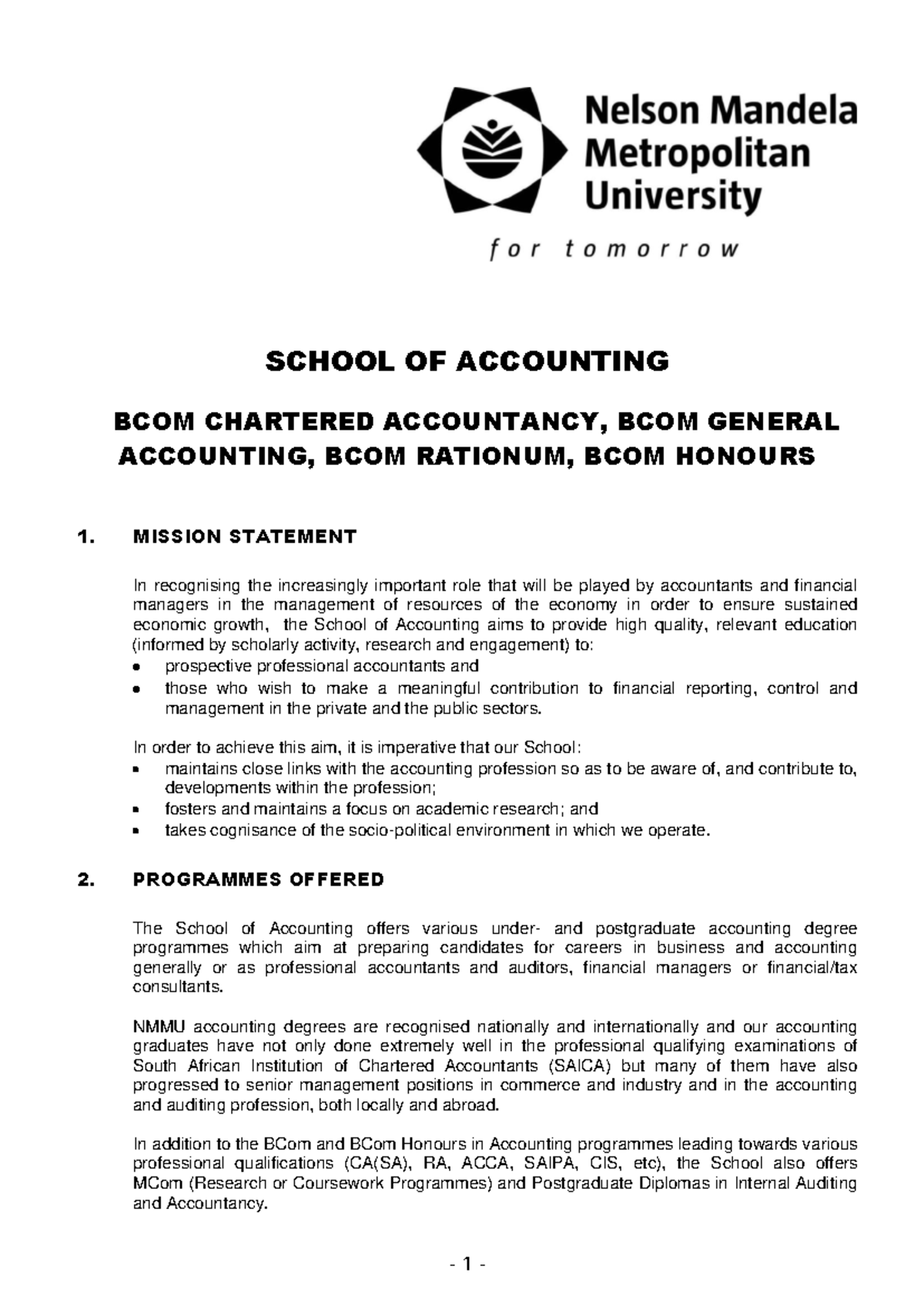 NMMU BCom Accounting General Info Booklet: Programmes & Admissions ...