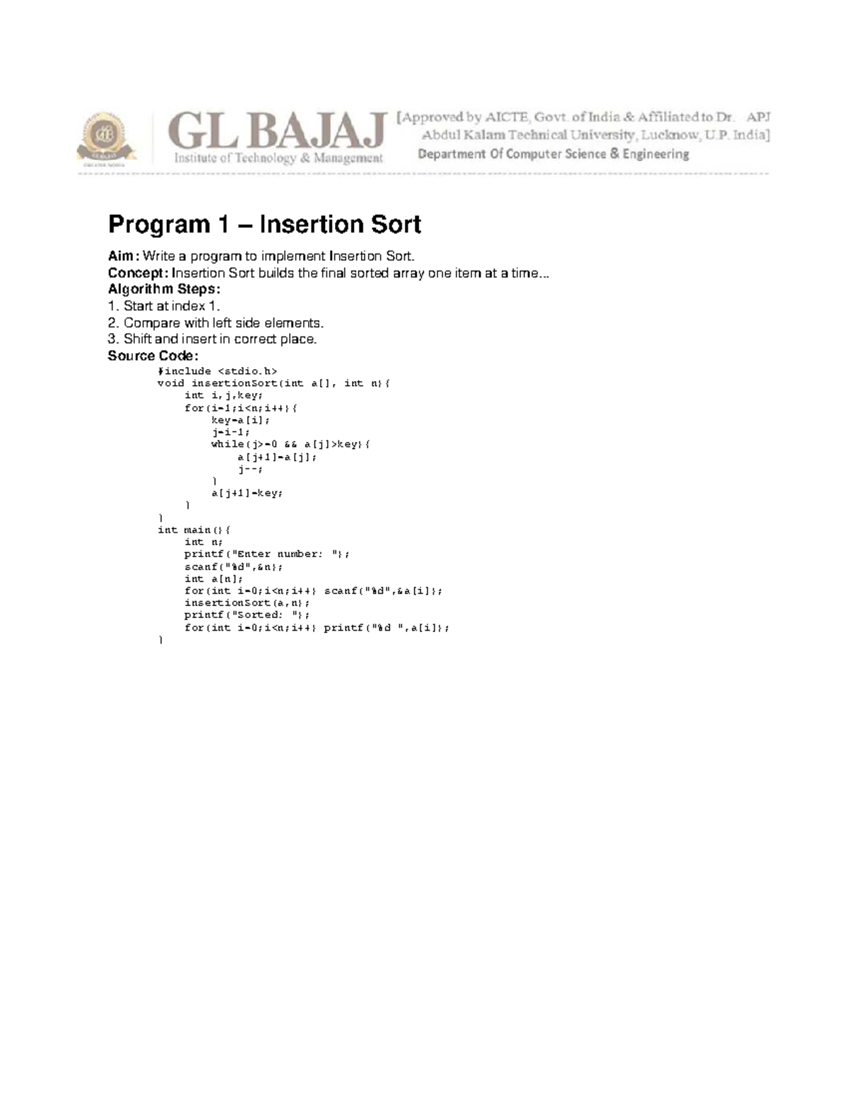 DAA LAB Manual: Insertion & Selection Sort Programs - Studocu