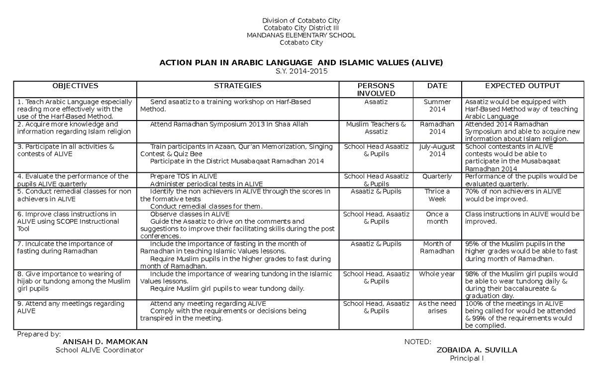 Action Plan for ALIVE (Arabic Language and Islamic Values) Program ...