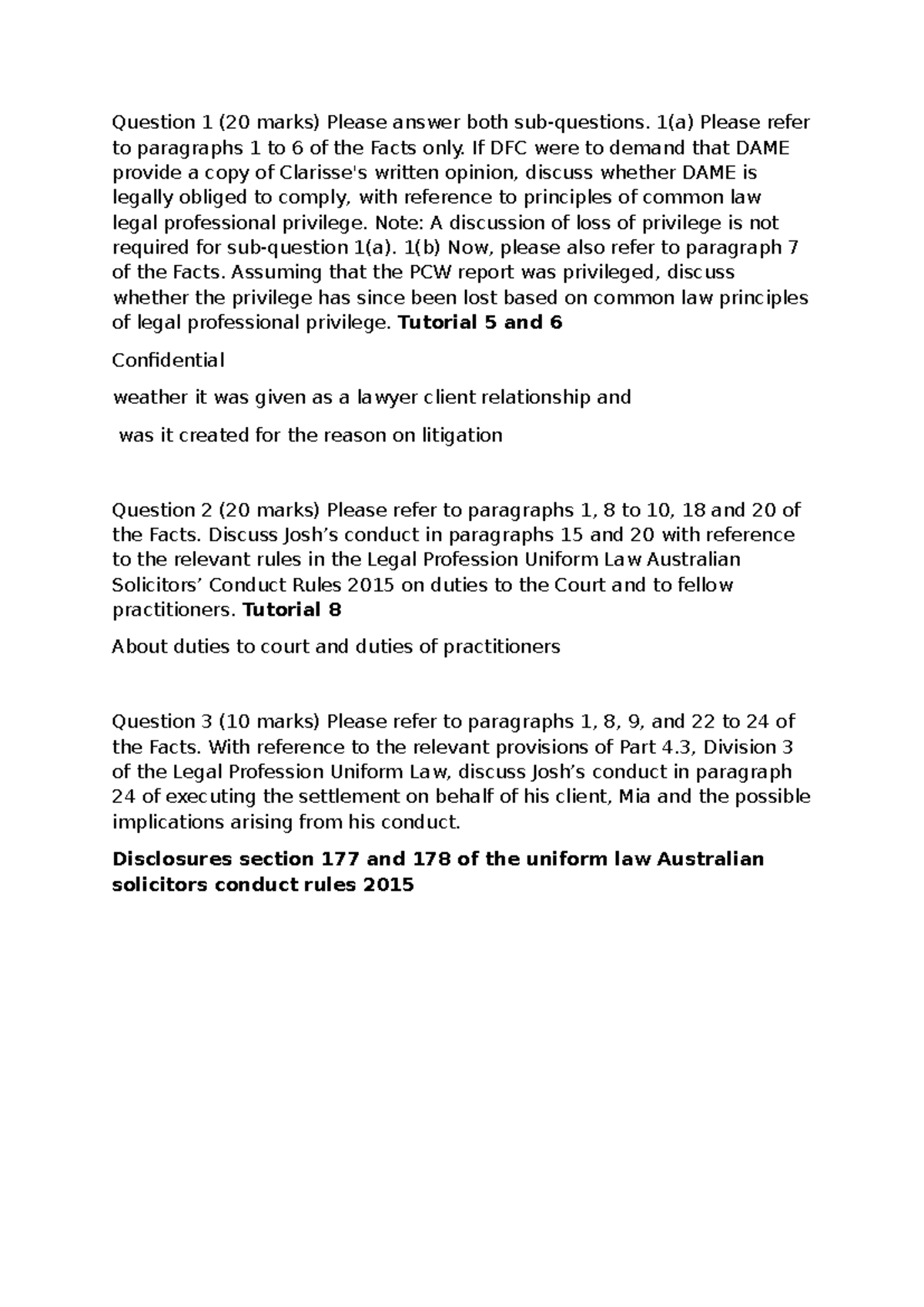 Legal Professional Privilege Exam Questions - Tutorials 5 to 8 Analysis ...