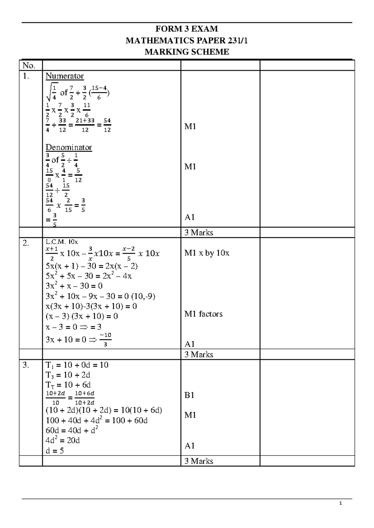FORM 3 MATHEMATICS P1 MARKING SCHEME - EXAM No. 1 - Studocu