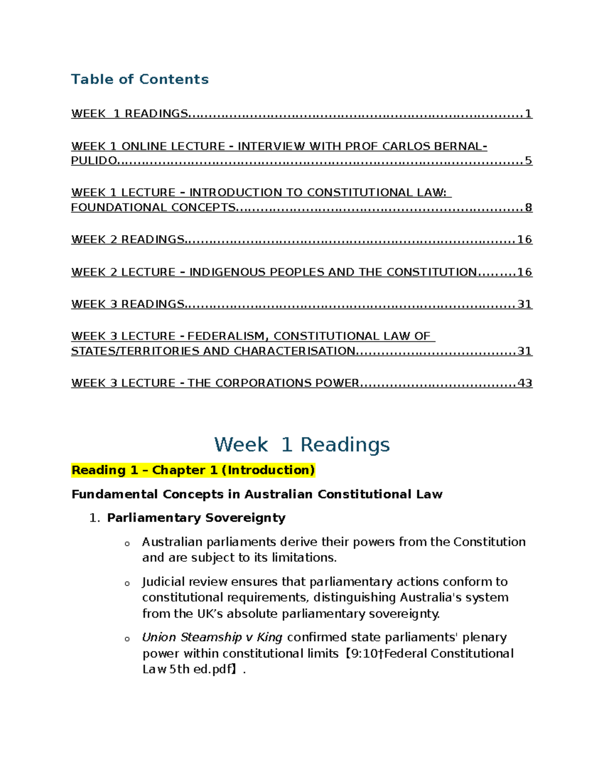 LAWS3000 notes - Table of Contents WEEK 1 - Studocu