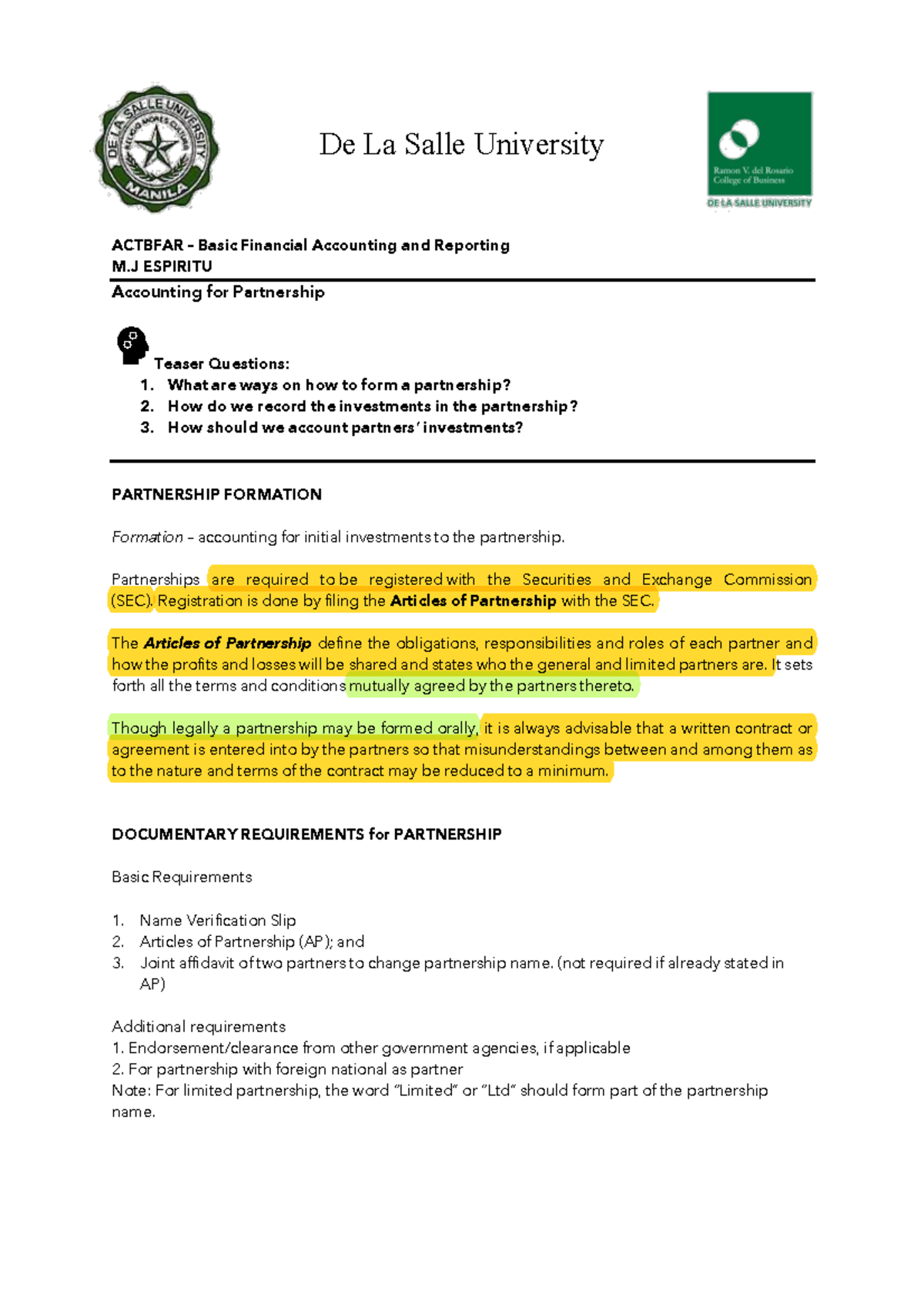 Module 2 Part II Partnership Formation NEW - De La Salle University ...