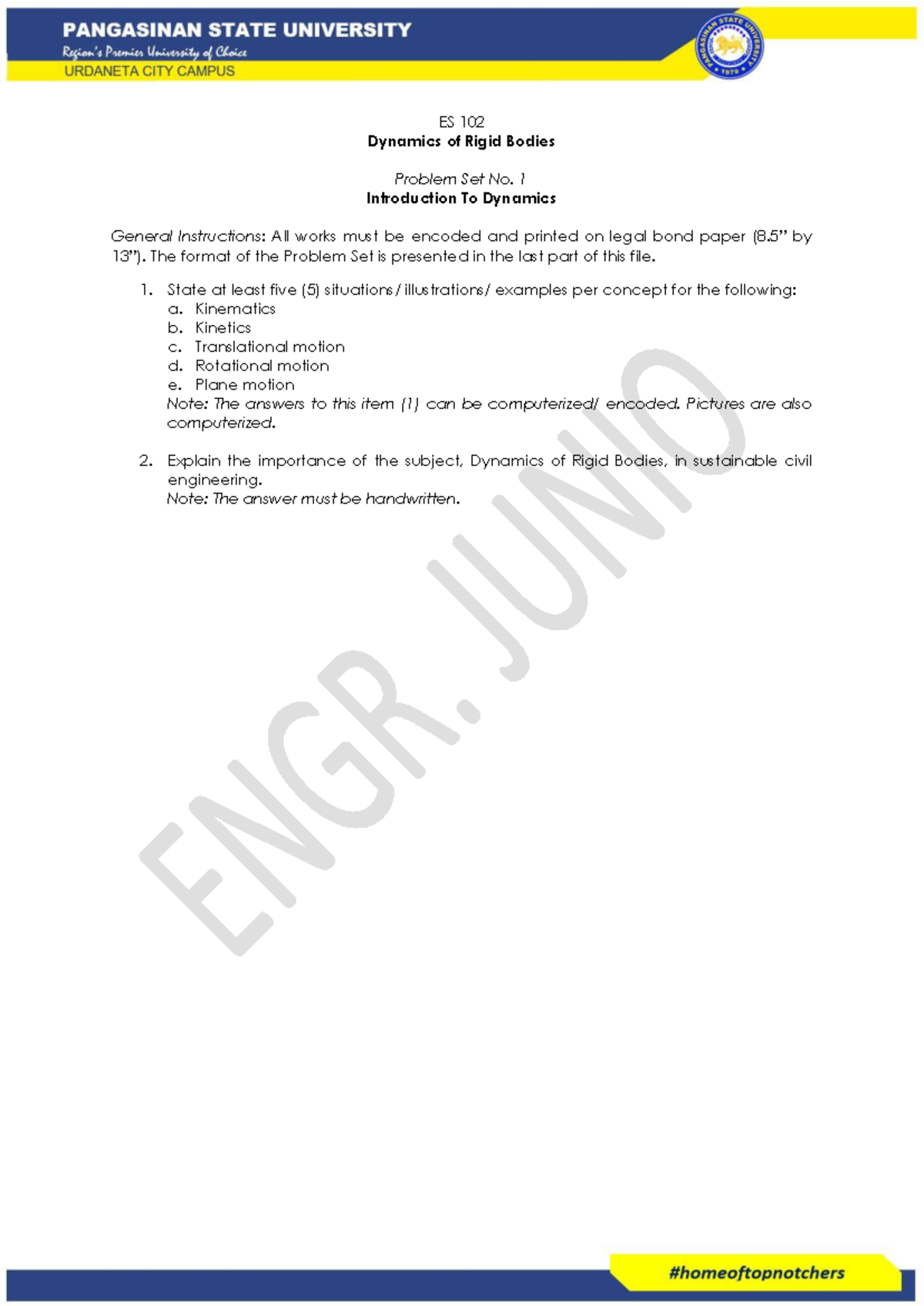 ES 102 Problem Set No. 1: Dynamics of Rigid Bodies - Studocu