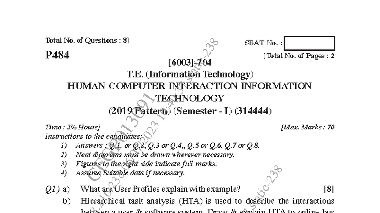 HCI1 - Question Paper for Human-Computer Interaction (2019 Pattern ...