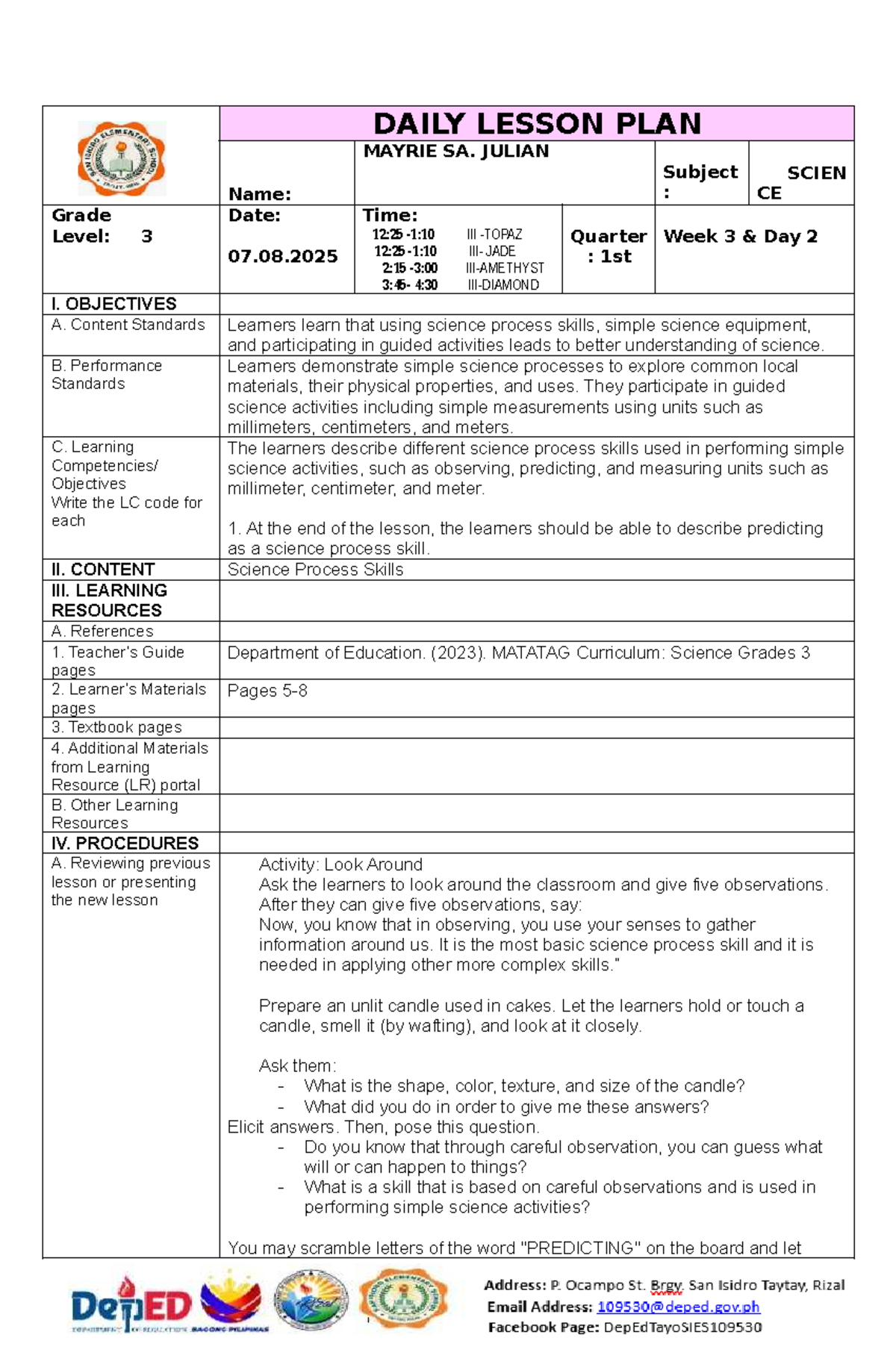 DAILY LESSON PLAN: SCIENCE Q1W3D2 - GRADE 3 - Studocu
