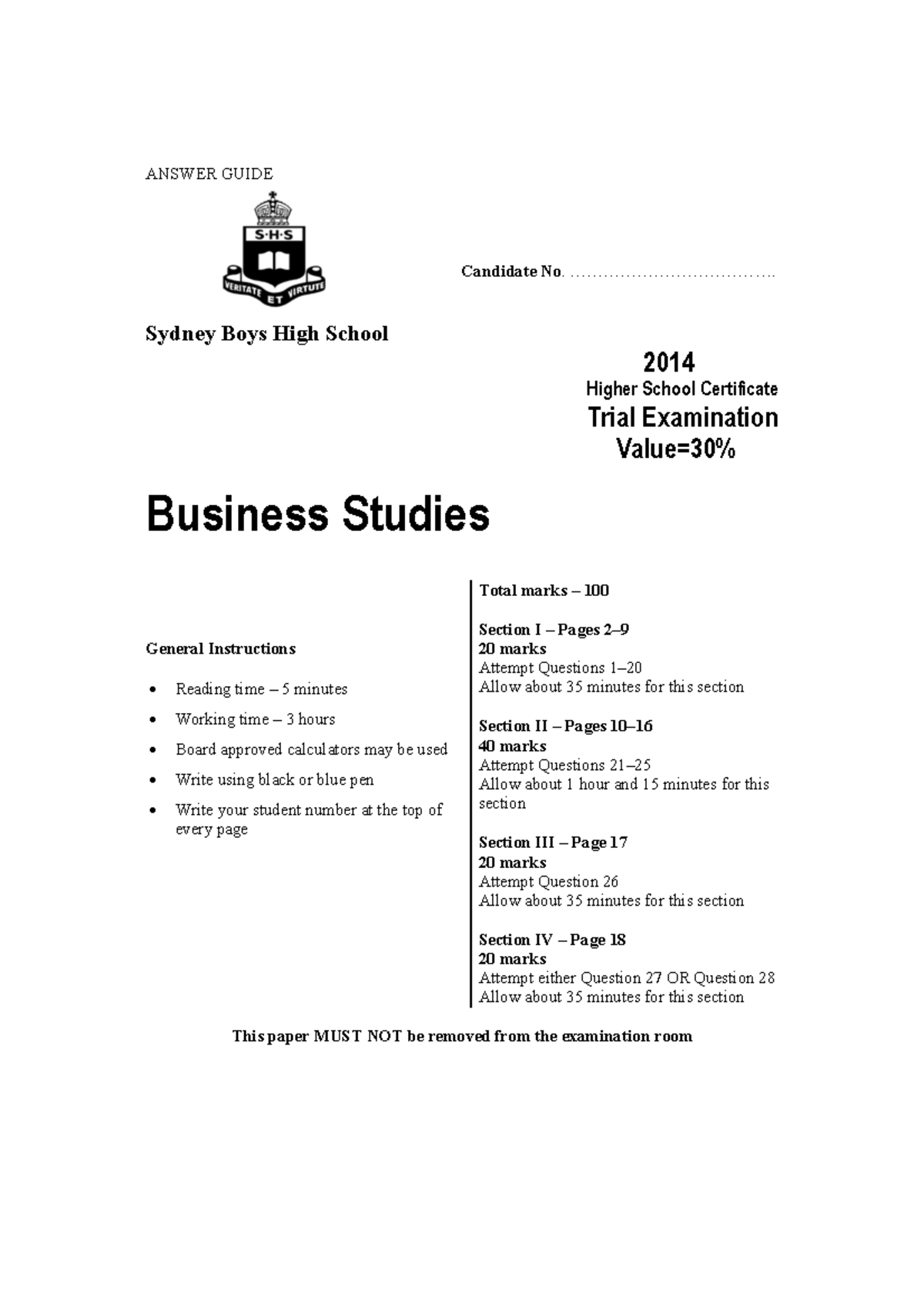 Sydney Boys HSC 2014 Business Studies Trial Exam Solutions - Studocu