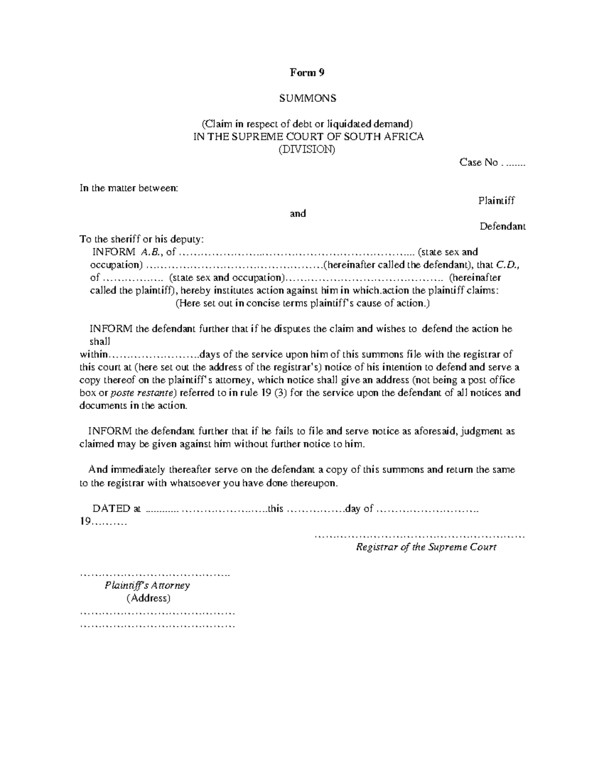 59 1959 supreme court 2 first schedule form 9 - Form 9 SUMMONS (Claim ...