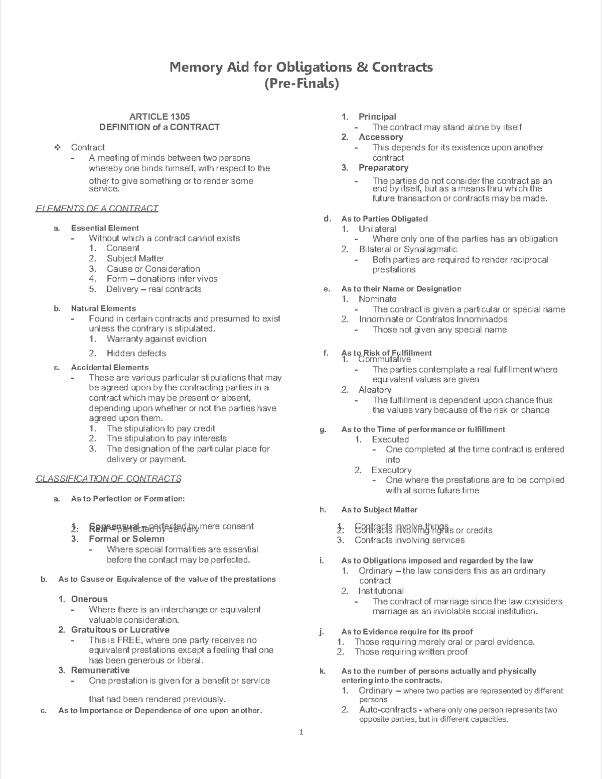 Memory Aid for Obligations Contracts (OBLICON) - Key Concepts and ...