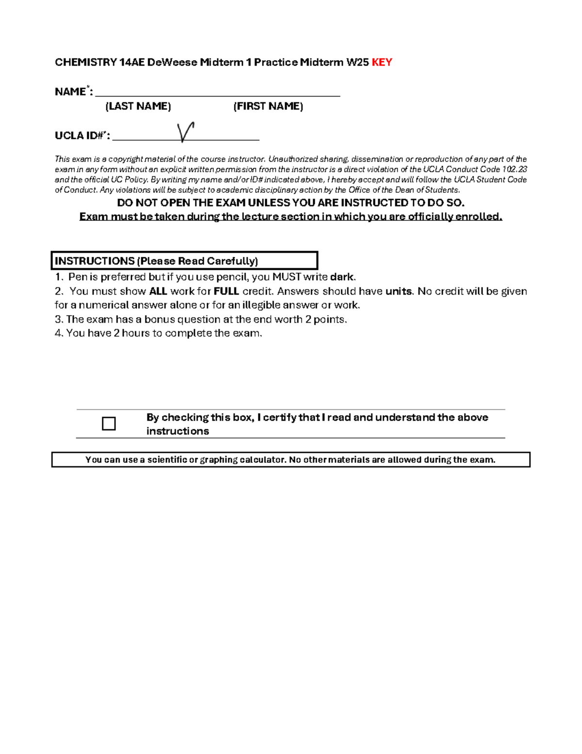 CHEM 14AE W25 Midterm 1 Practice Exam Key - Studocu