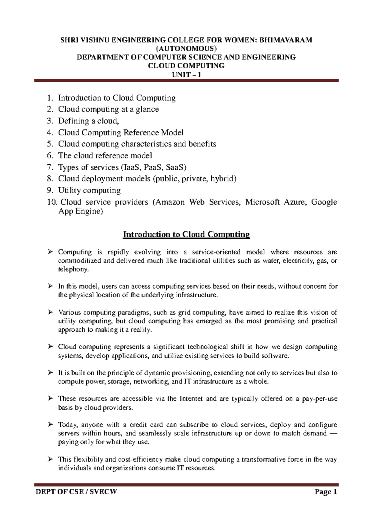 CC CSE Unit I: Introduction to Cloud Computing and Key Concepts - Studocu