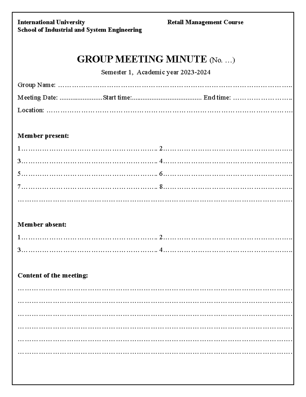 Group Meeting Minute Form - International University Retail Management ...