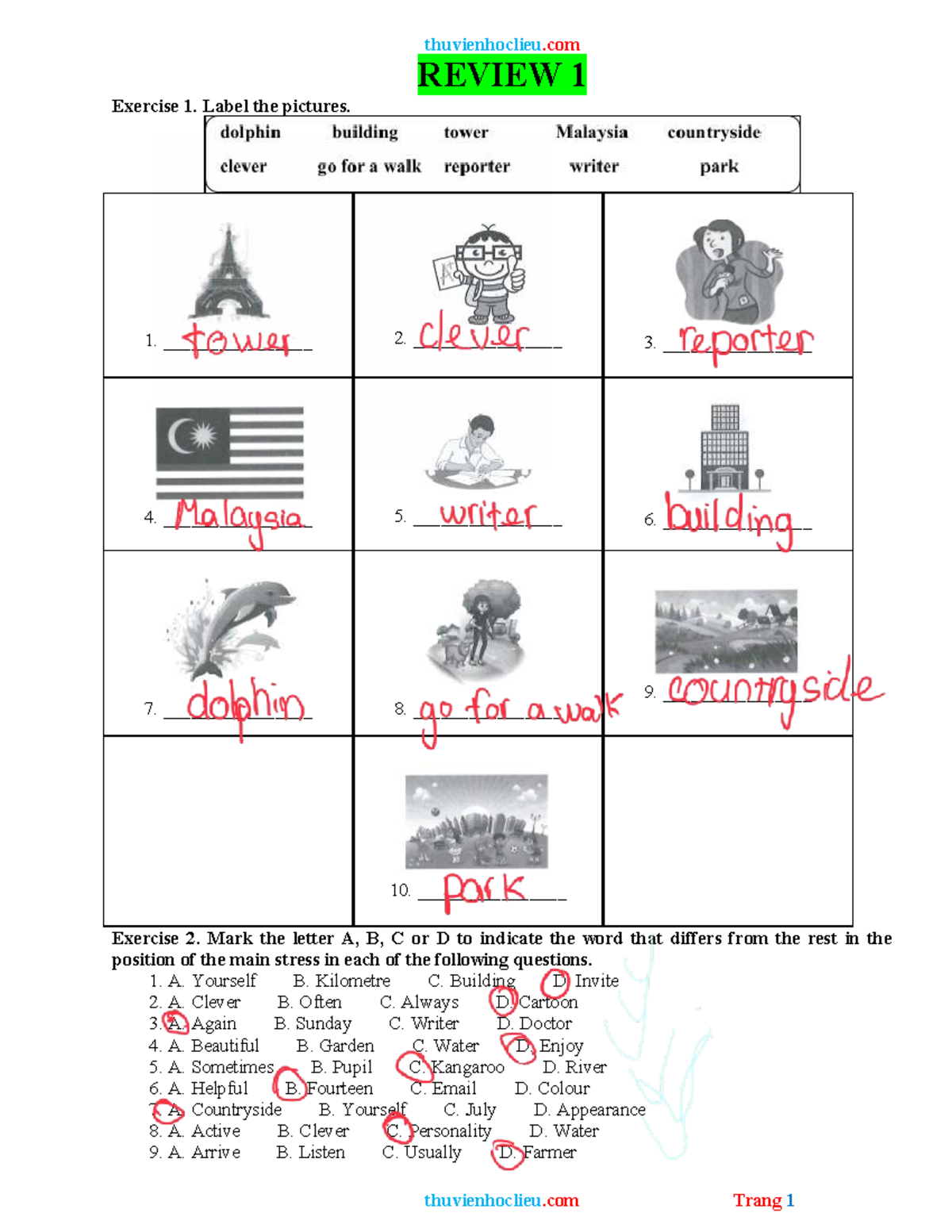 REVIEW 1: Exercises on Vocabulary and Sentence Structure - Studocu