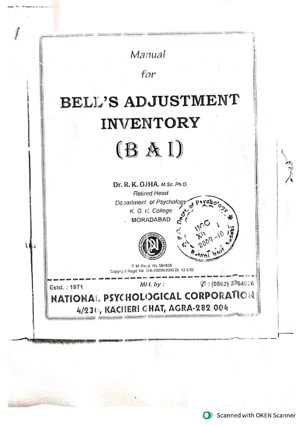 Manual for Bell's Adjustment Inventory (BAI) - Overview and Scoring ...