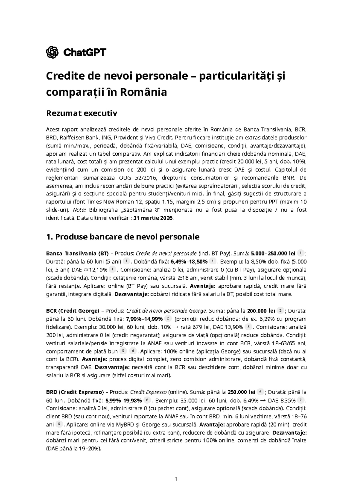 Credite de Nevoi Personale în România: Analiză și Comparații - Studocu