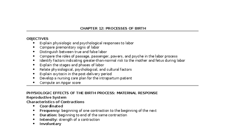CHAPTER 12: PROCESSES OF BIRTH - PHYSIOLOGIC RESPONSES AND CARE - Studocu