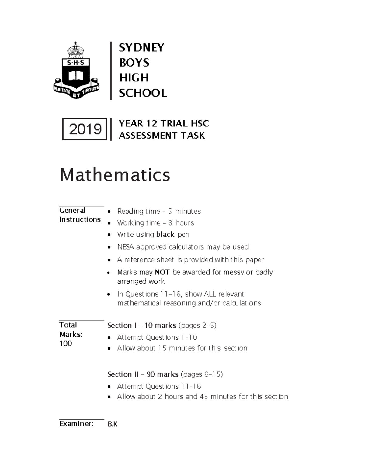Sydney Boys 2019 2U HSC Mathematics Trial Exam & Solutions - Studocu