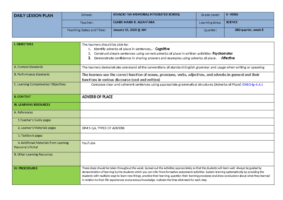DLP-COT-ENG 6: Adverbs of Place Lesson Plan for Week 8 - Studocu
