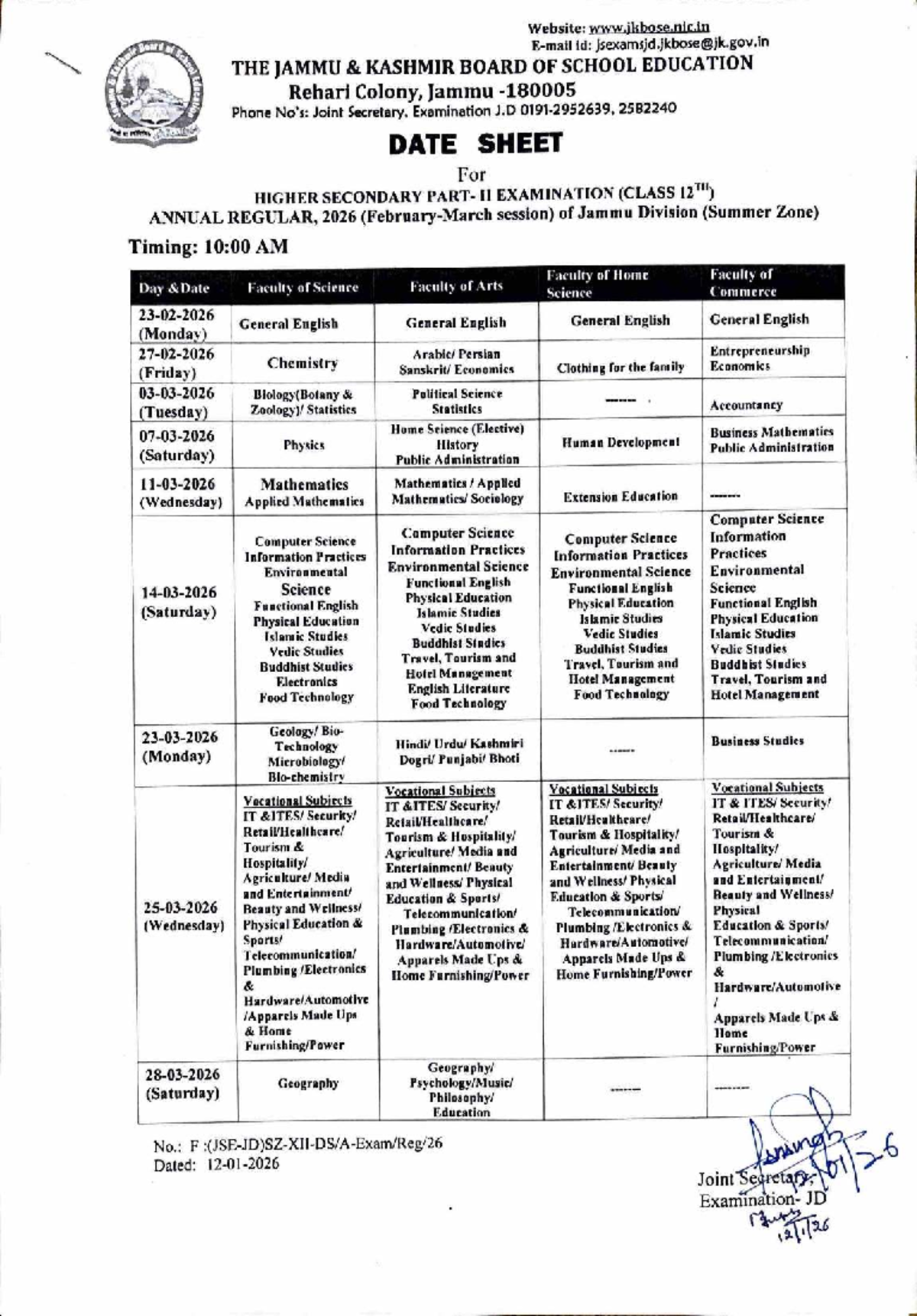 Date Sheet for Class 12th Annual Regular Exam 2026 (Jammu Division ...