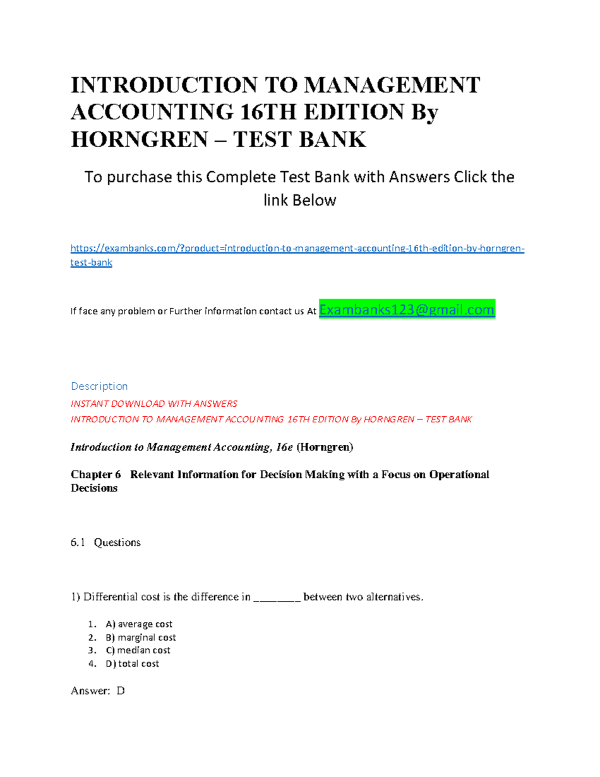 Management Accounting 16th Edition (Horngren) Test Bank Insights - Studocu