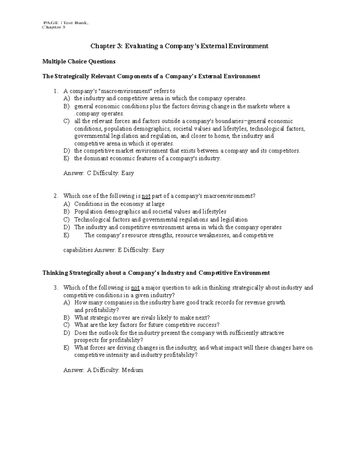 Chapter 3: MCQs on Evaluating External Environment (Course Code: TB ...