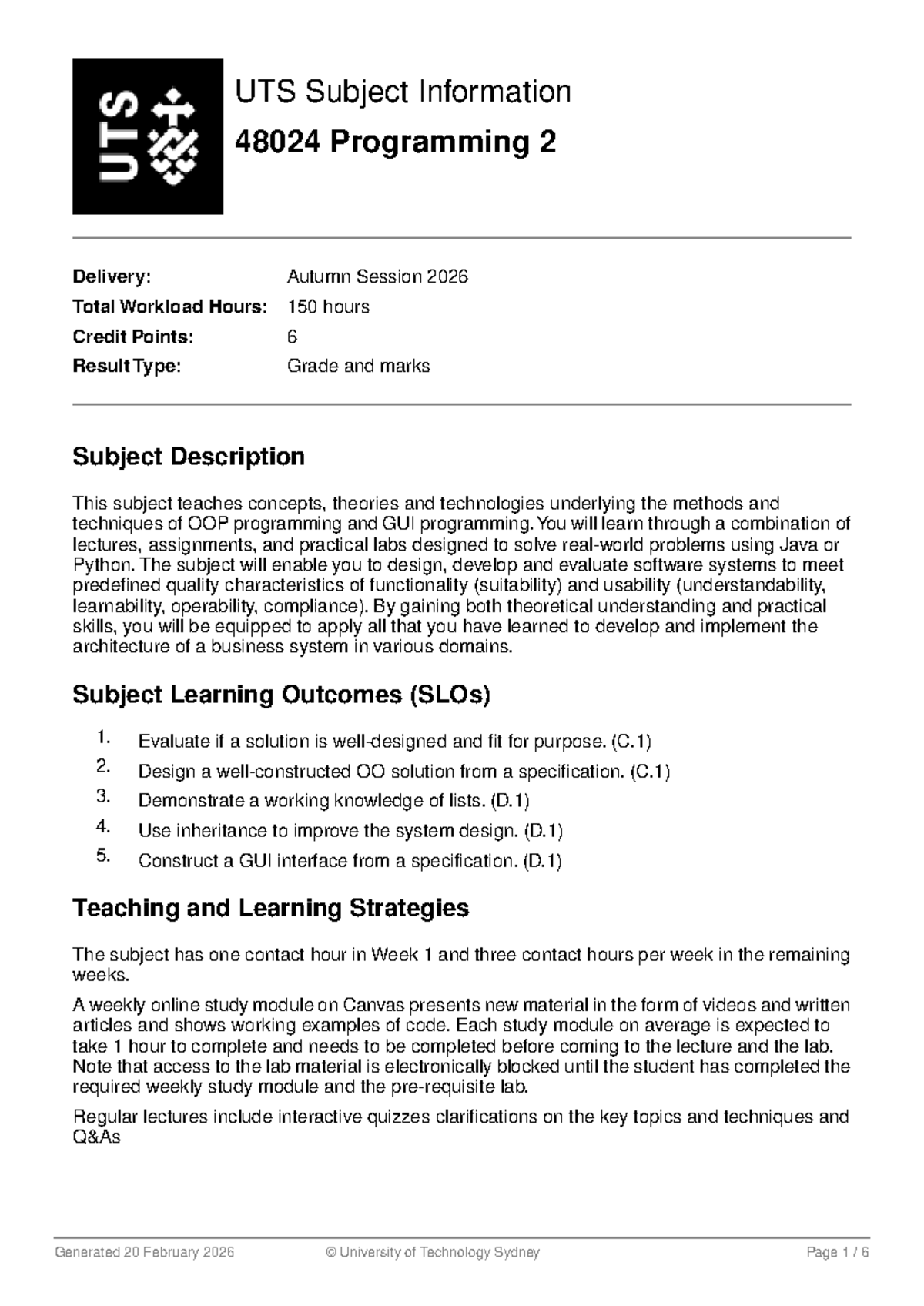 UTS 48024 Programming 2: Autumn 2026 Subject Overview and Details - Studocu