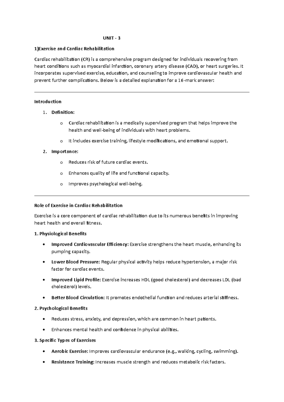 LD UNIT 3 - Lifestyle Diseases notes - UNIT - 3 1)Exercise and Cardiac ...