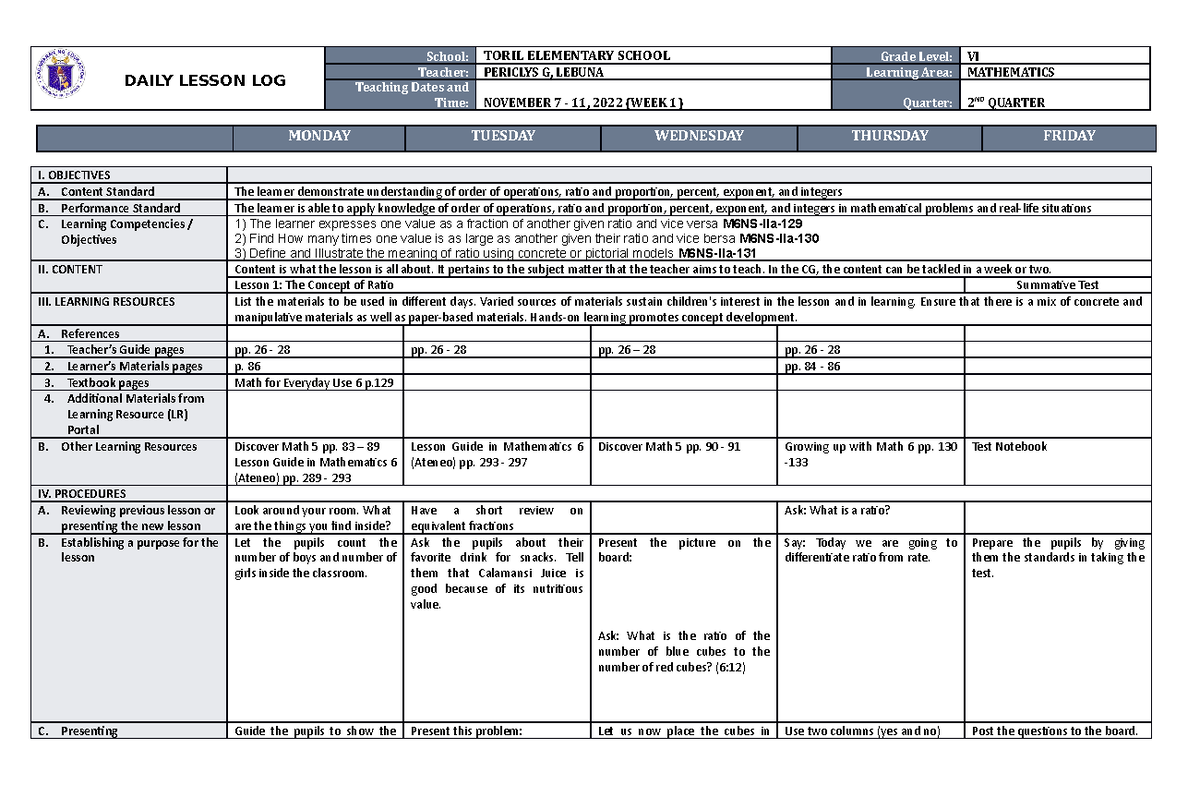DLL MATH 6 Q2 W1 - Daily Lesson Log on Ratio and Proportion - Studocu