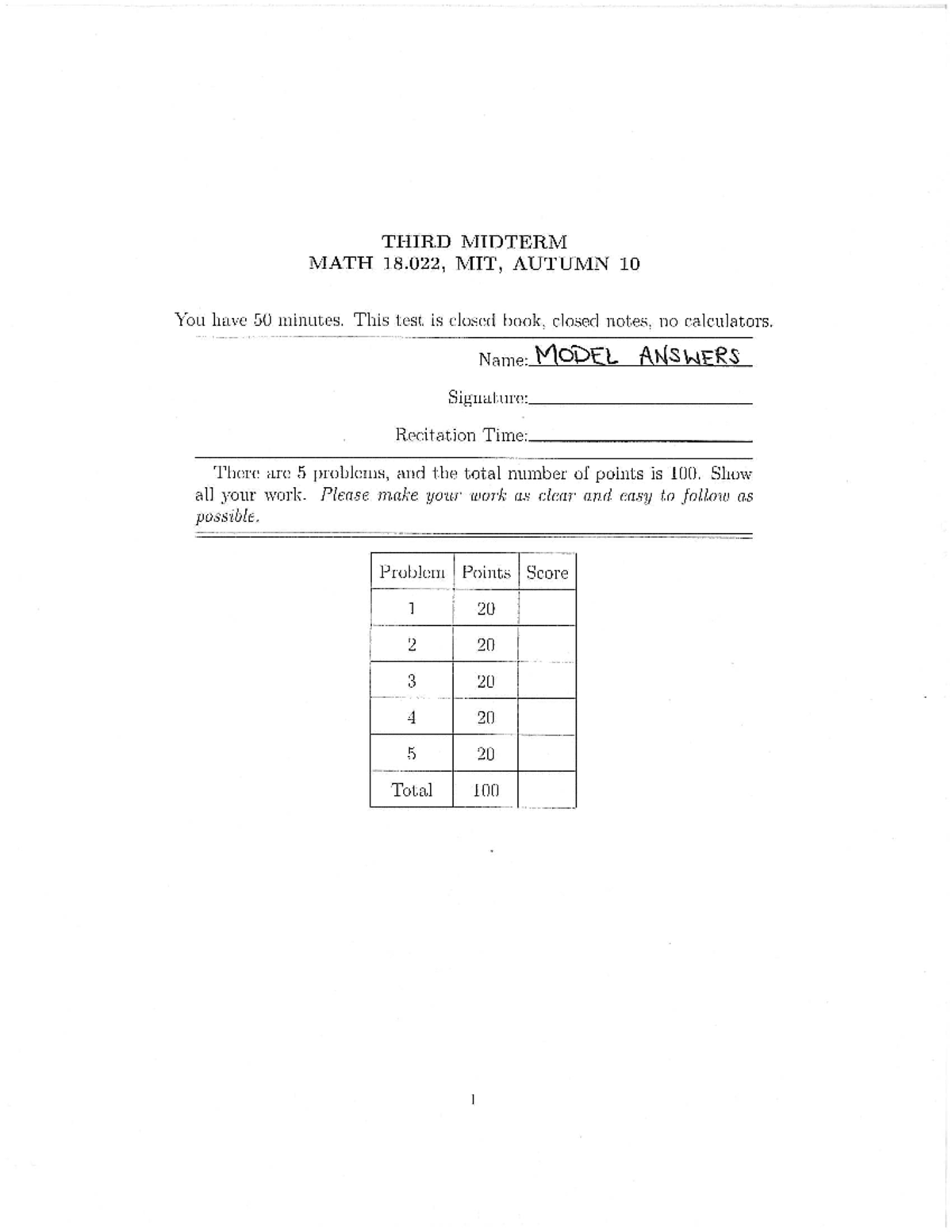 Model Answers for MIT 18.022 Third Midterm Exam F10 - Studocu