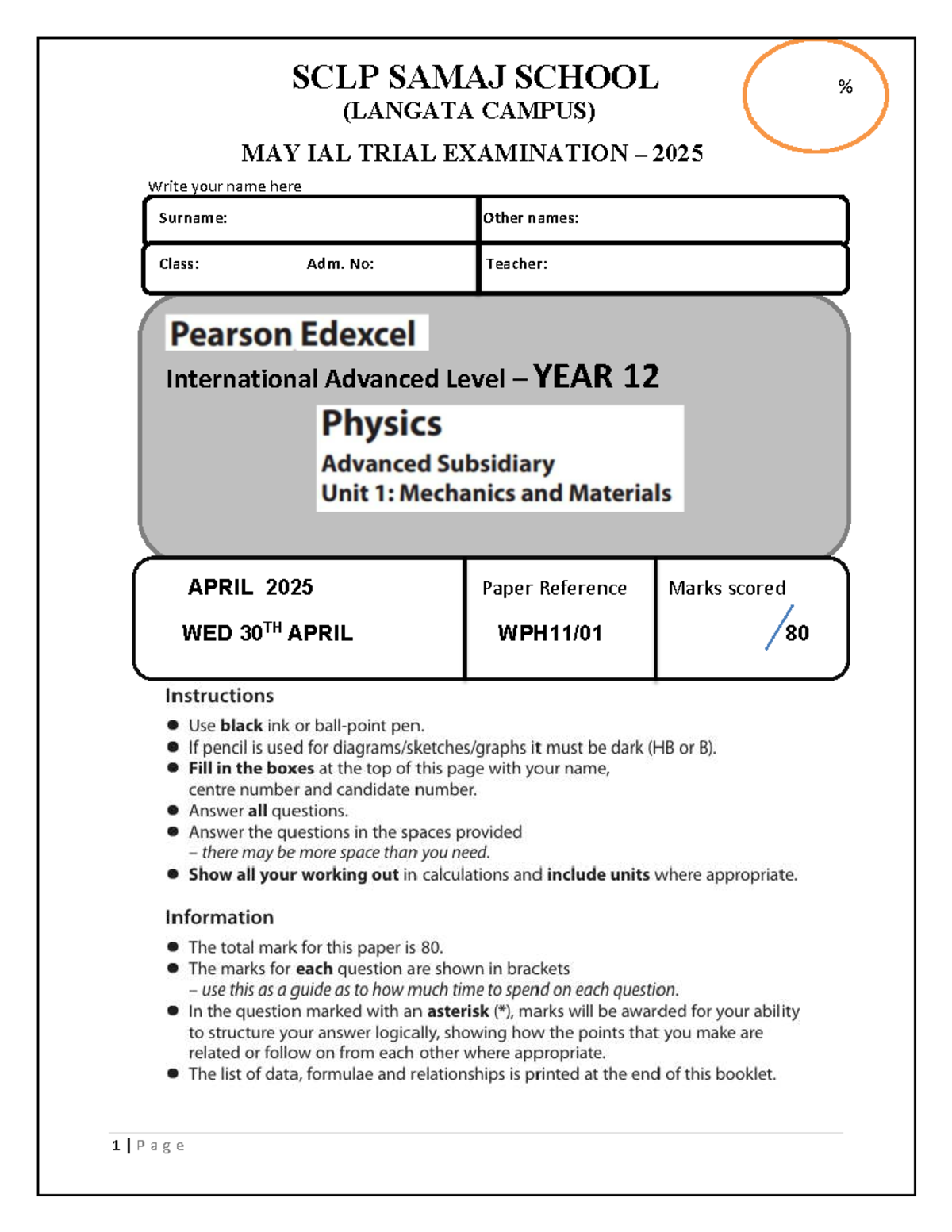 2025 may IAL Prediction paper unit 1 - Physics - SCLP SAMAJ SCHOOL ...
