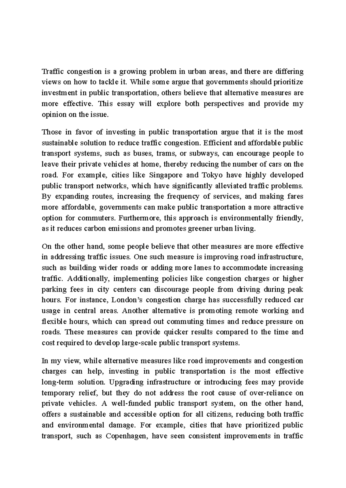 Essay Notes: Traffic Congestion Solutions and Perspectives - Studocu