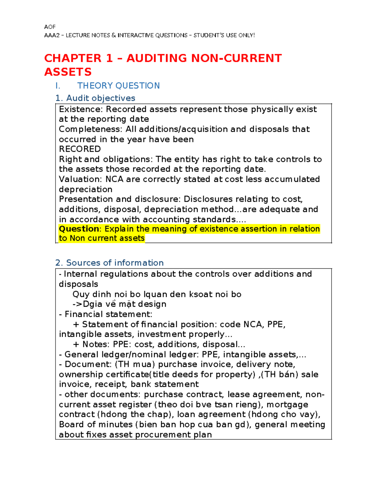 AOF LECTURE NOTES: AUDITING ASSETS & INTERNAL CONTROLS - CHAPTER 1 ...
