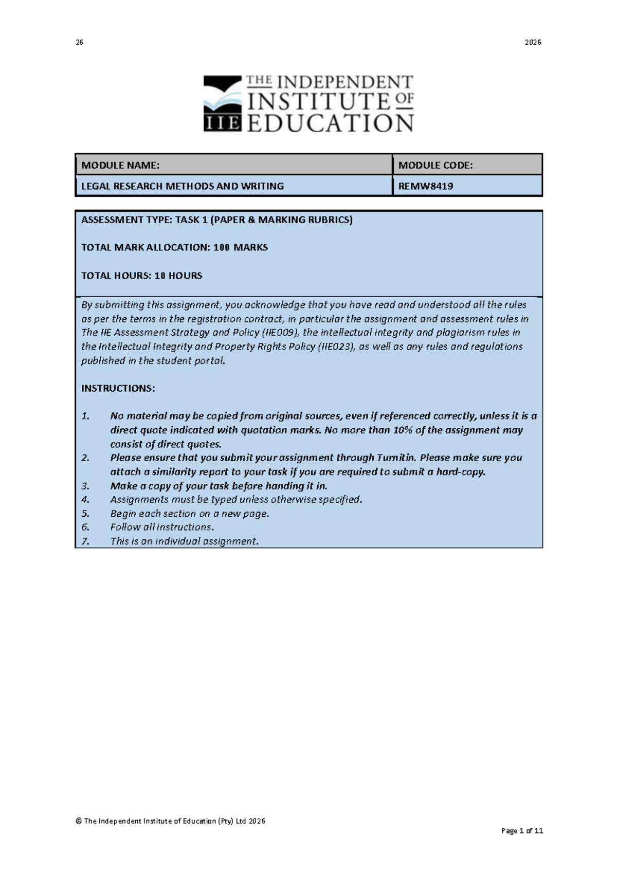 REMW8419 Legal Research Methods & Writing: Task 1 Assessment Rubric ...