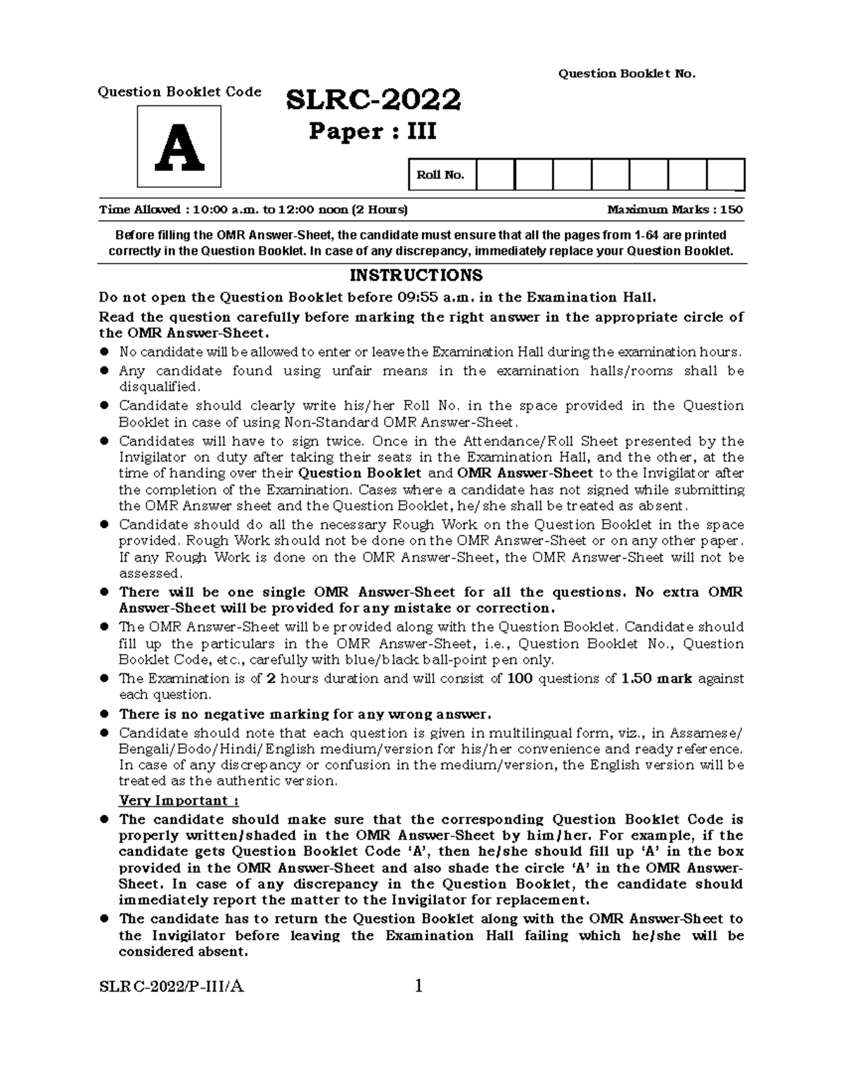 SLRC Paper III: Question Booklet Set A Instructions and Guidelines ...