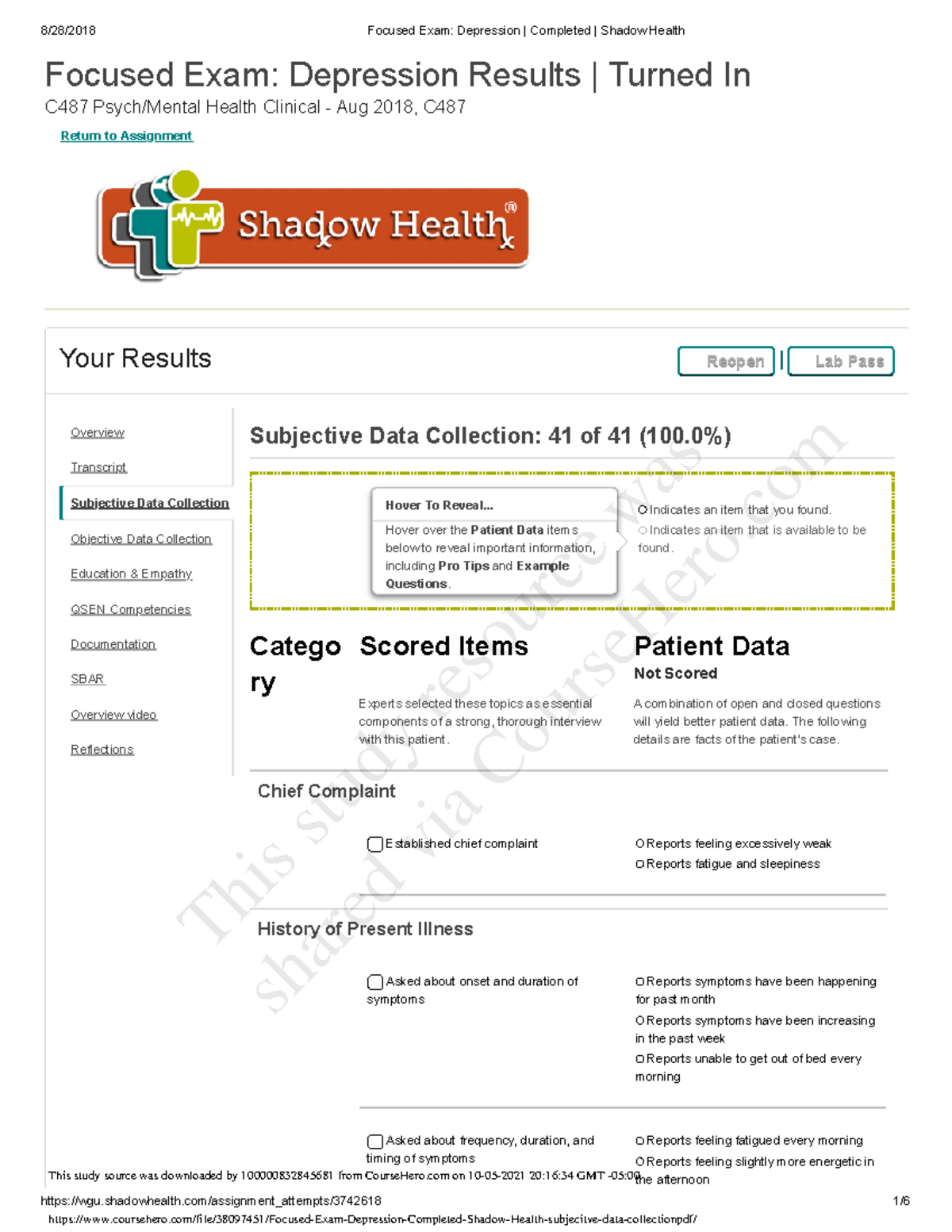 Focused Exam Depression Completed Shadow Health subjecitve data ...