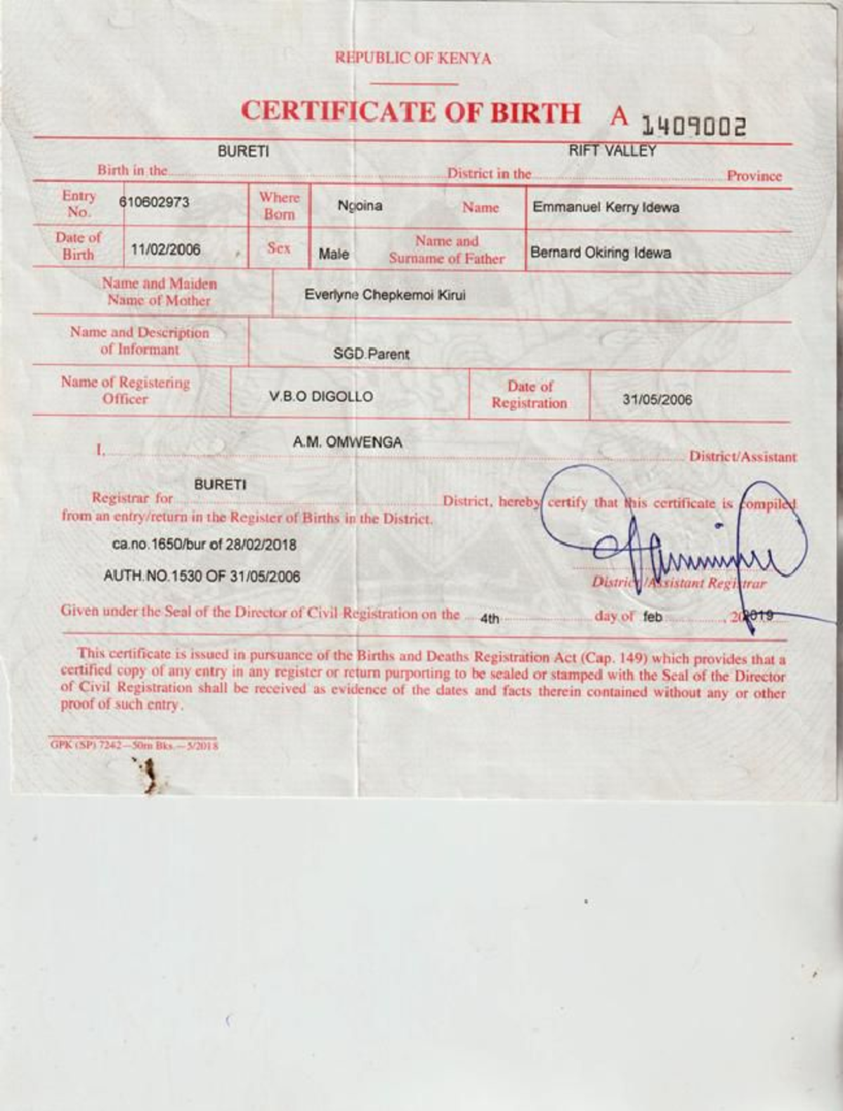 Kenya Birth Certificate - Emmanuel Kerry Idewa (Entry 610602973) - Studocu