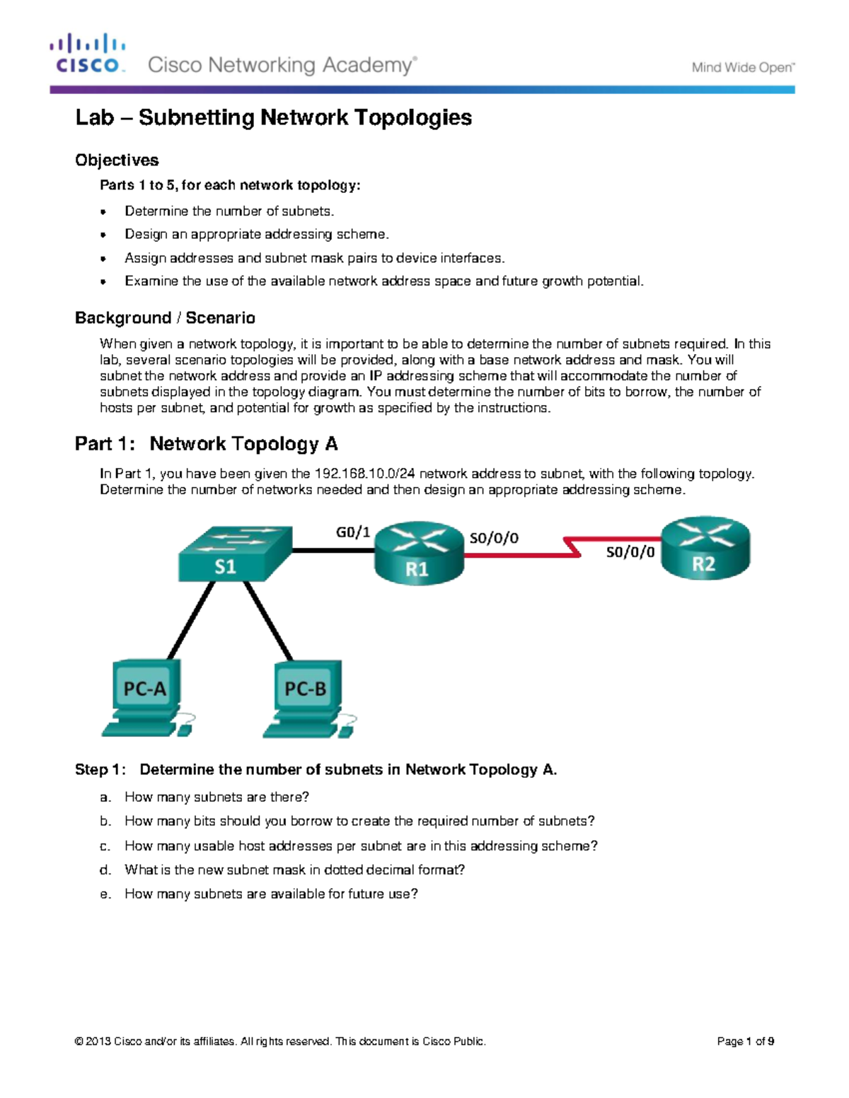 Lab Subnetting Network Topologies: Objectives & Addressing Schemes ...