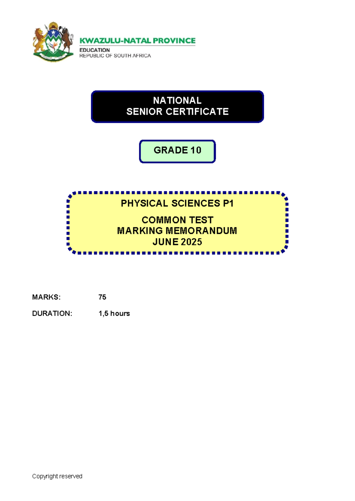 Physical Science P1 Grade 10 June 2025 Test Marking Memo - Studocu