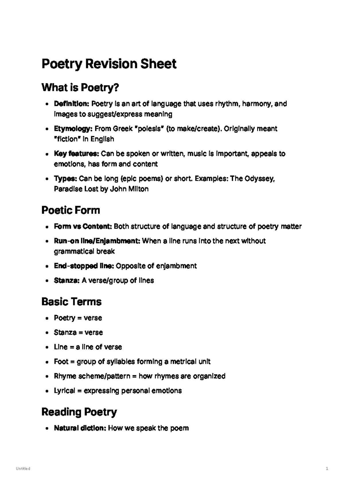 Poetry Revision Sheet: Key Concepts and Forms (Fiche CC1) - Studocu
