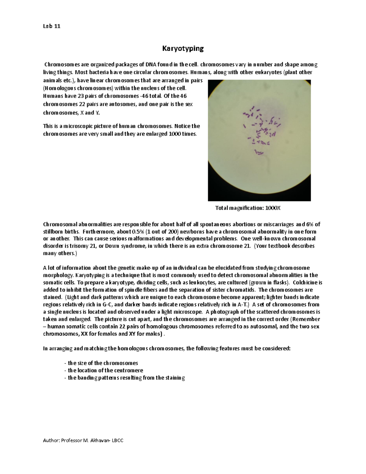 Karyotyping Lab 11: Exploring Chromosomal Structure and Disorders - Studocu