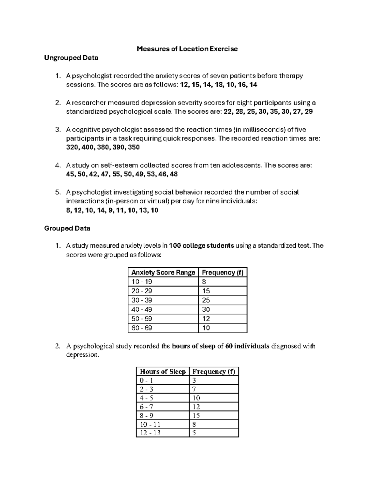 Measures of Location Exercises: Ungrouped & Grouped Data Analysis - Studocu