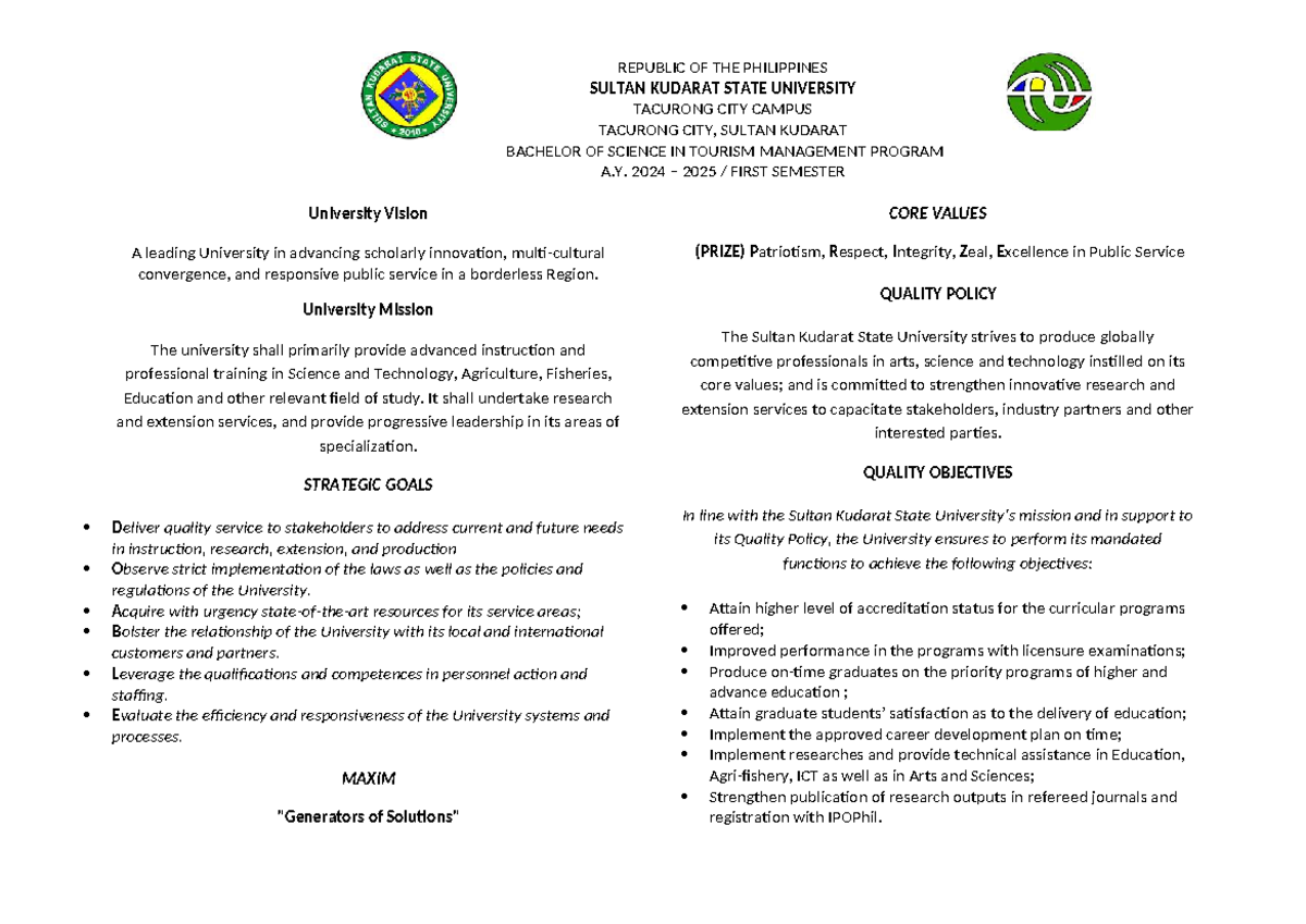 BSTM 2024-2025 First Sem: Course Overview & Objectives - Studocu