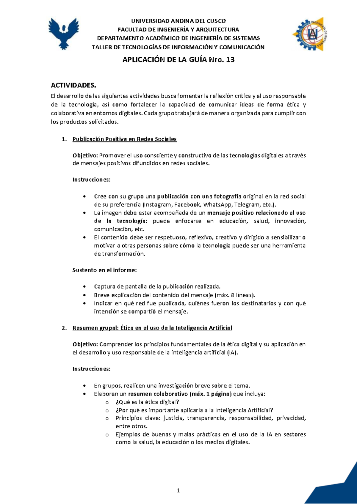 TALLER TIC: GUÍA Nro. 13 - Actividades sobre Ética y Tecnología - Document Preview