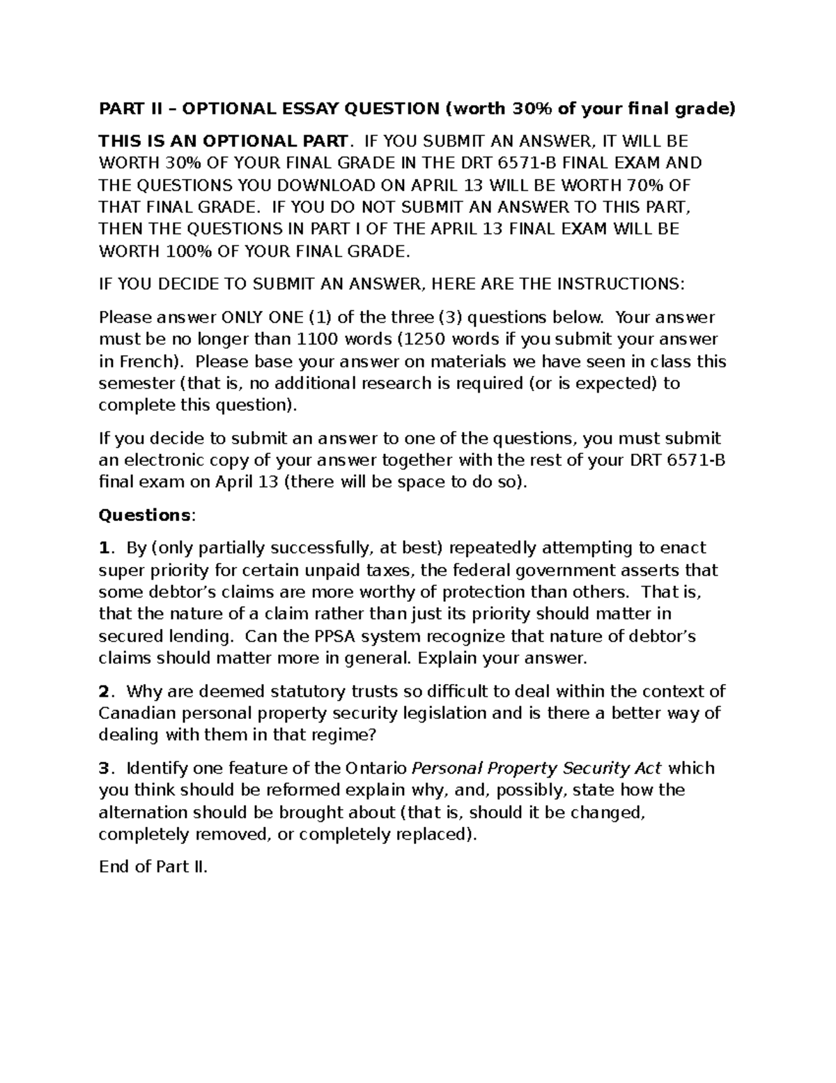 DRT Final Exam: Optional Essay Question (30% of Grade) - Studocu