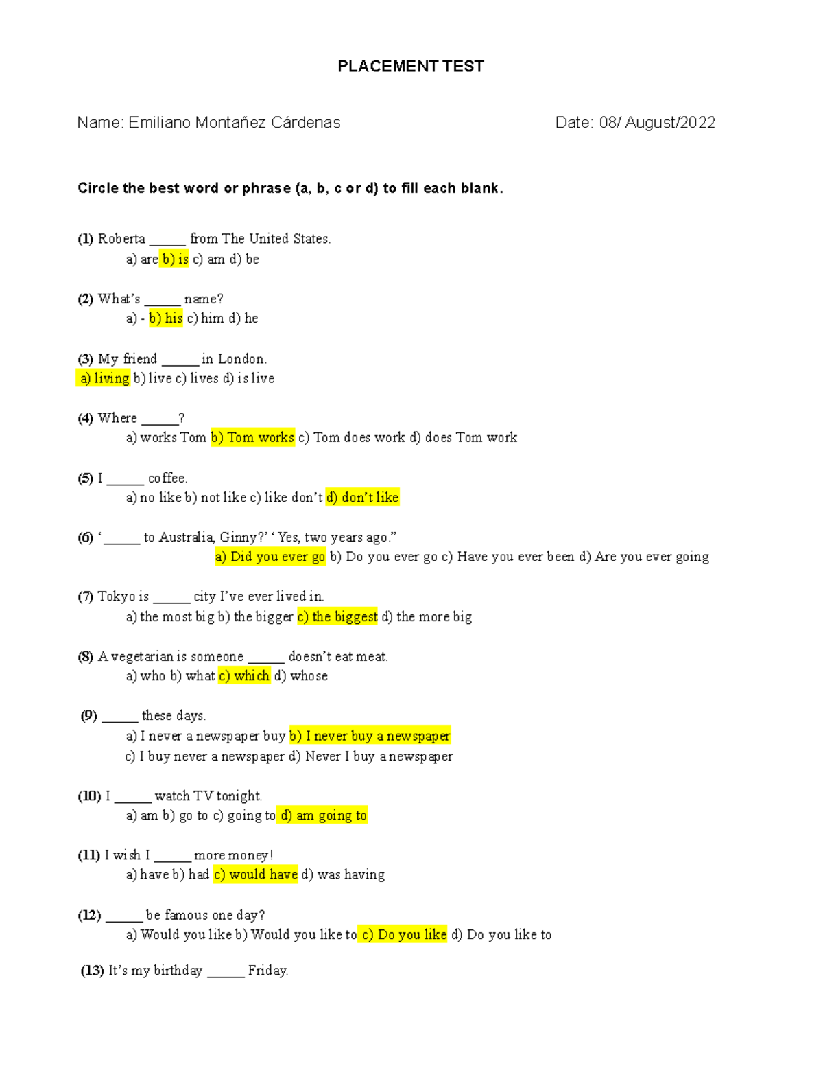 Placement Test Questions and Exercises for ESL Students - Studocu