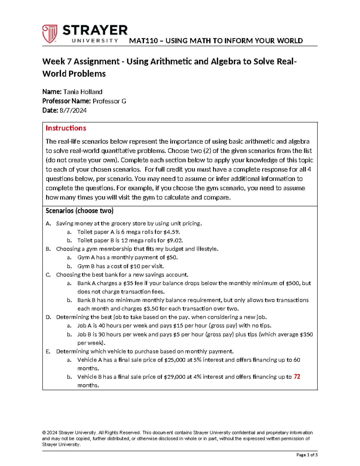 MAT110 Week 7 Assignment: Applying Arithmetic & Algebra to Real-World ...