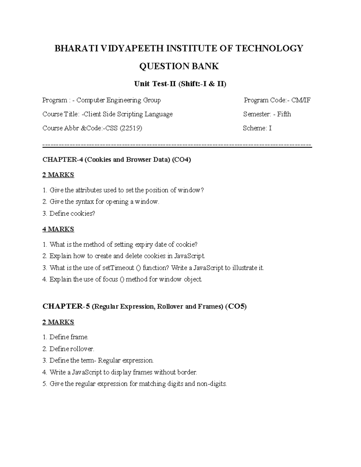 CSS(22519) Quiz Bank - Unit Test II for Client Side Scripting - Studocu