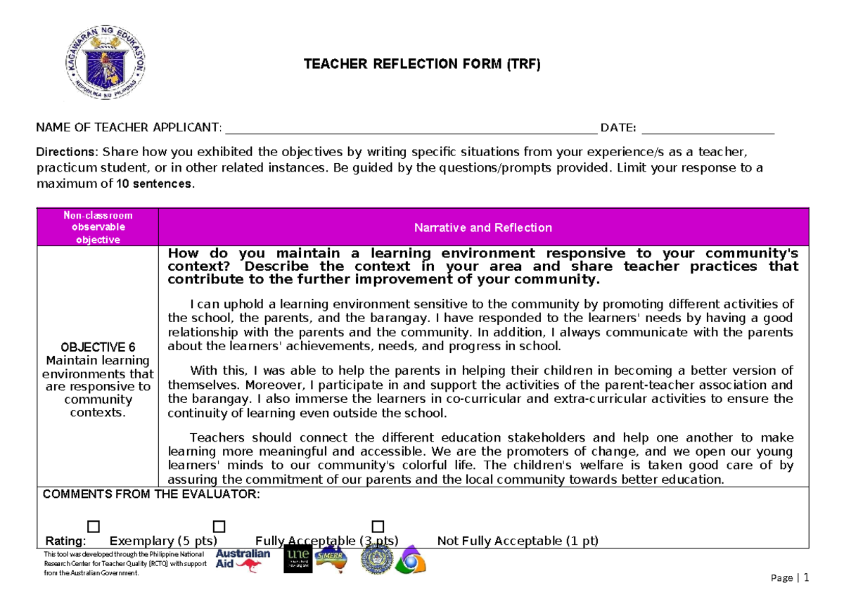 Teacher Reflection Form (TRF) - Enhancing Learning Environments and ...