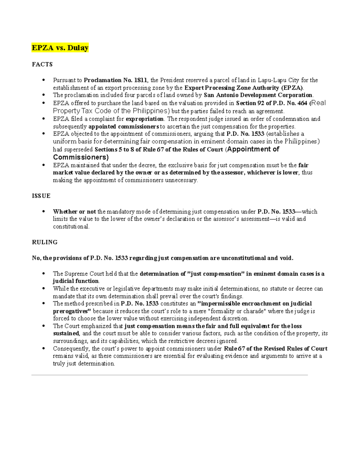 Eminent Domain Case Digests: Constitutional Law Overview (CL 101) - Studocu