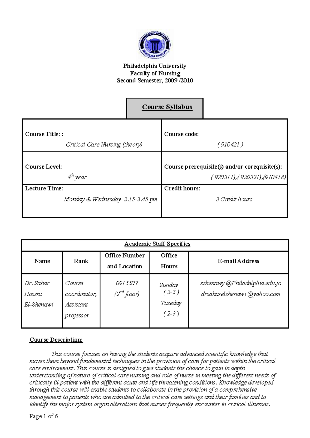 910421 - Critical Care Nursing Course Syllabus Overview - Studocu
